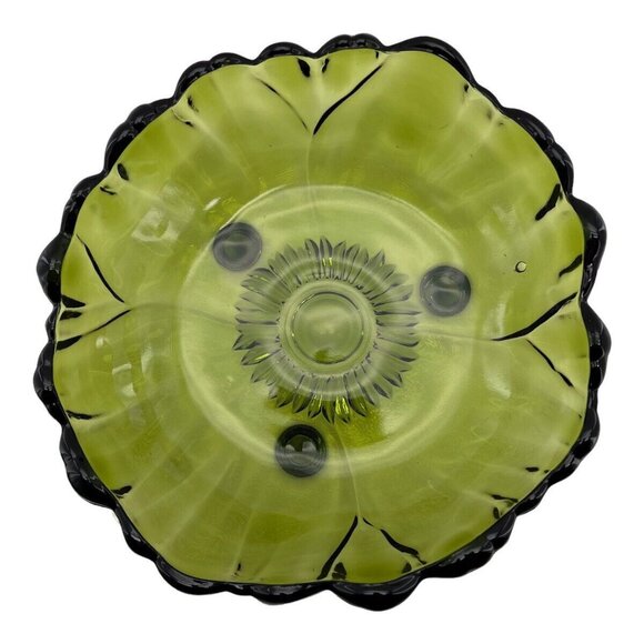 Vintage MCM Indian Glass Footed Bowls Footed Avacado Green Sunflower Scalloped - Picture 2 of 13